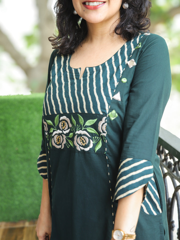 Ruhani Green Embroidered Panel Style Cotton 2 Piece Set