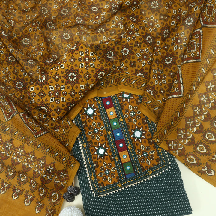 Ruhani Sacramento Green Kantha Work Cotton Top with Printed Dupatta