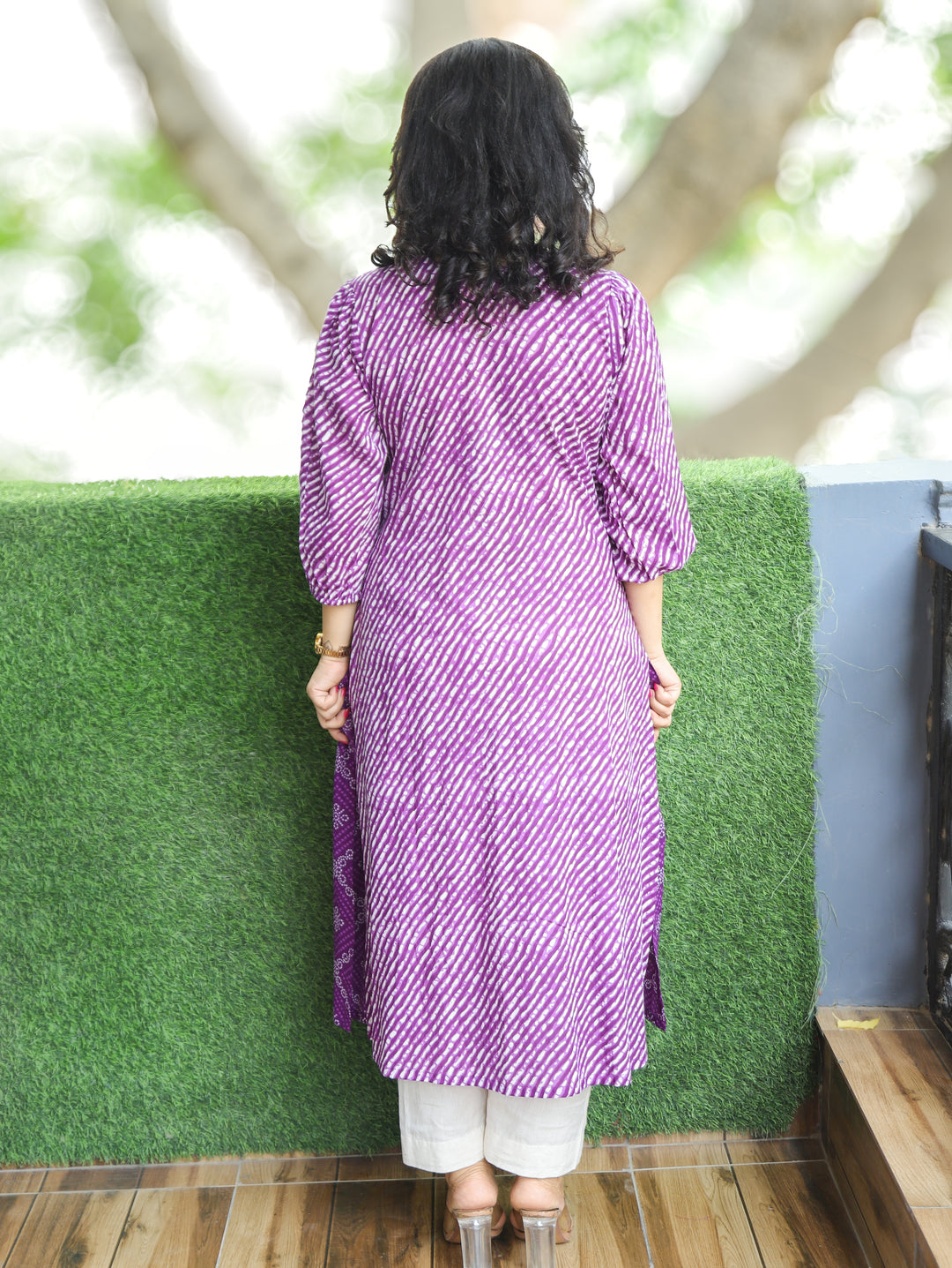 Aarohi Purple Mirror with Leheriya Print Panel Cotton Kurti