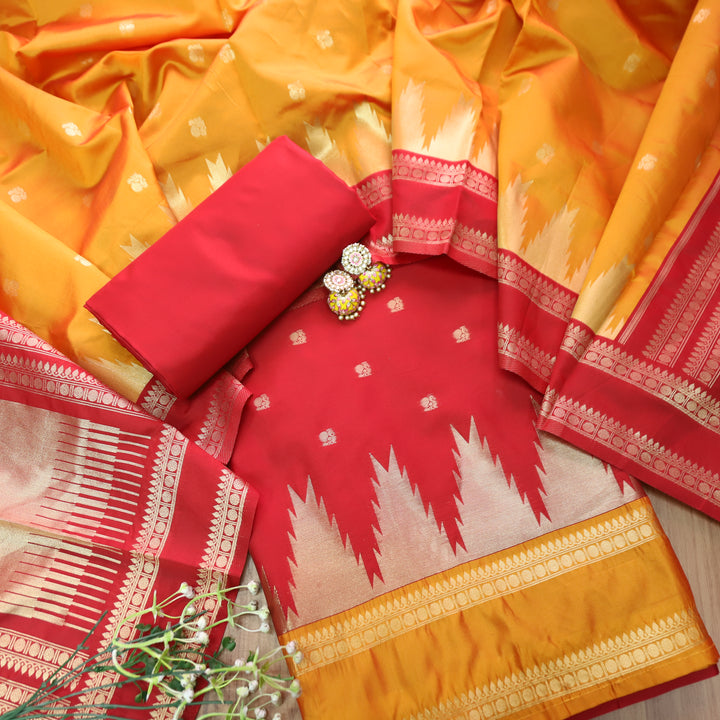 Bhanushi Bride Red Brocade Woven Hem Banarasi Silk Set