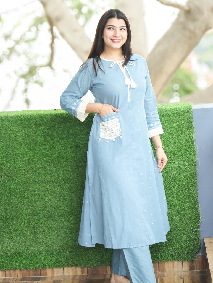 Jhanvi Ice Blue Knot Detailing Neck Thread Weaved in Side Pocket Cotton 2 Piece Set