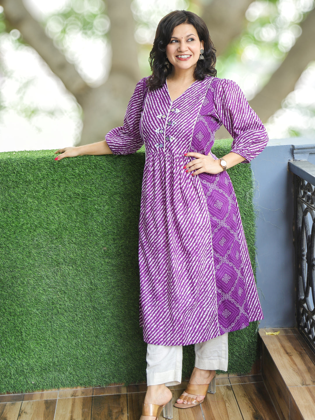 Aarohi Purple Mirror with Leheriya Print Panel Cotton Kurti