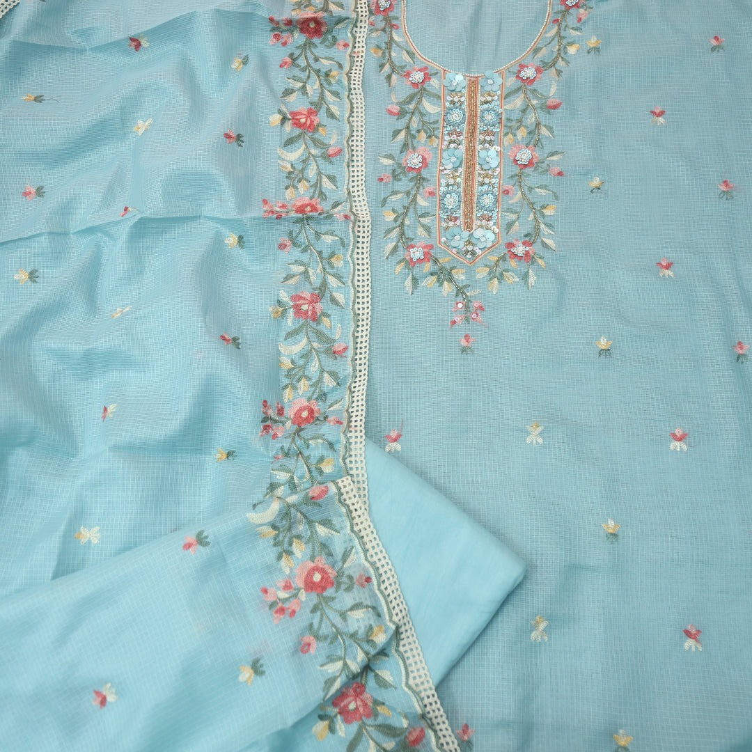 Swamini Powder Blue Aari Thread with Embellish Work Kota Doriya Suit Set