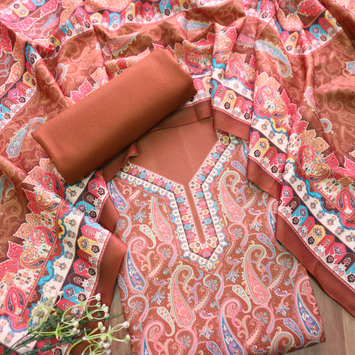 केशवी Burnt Rust All Over Digital Paisely Printed Semi Pashmina Winter Set