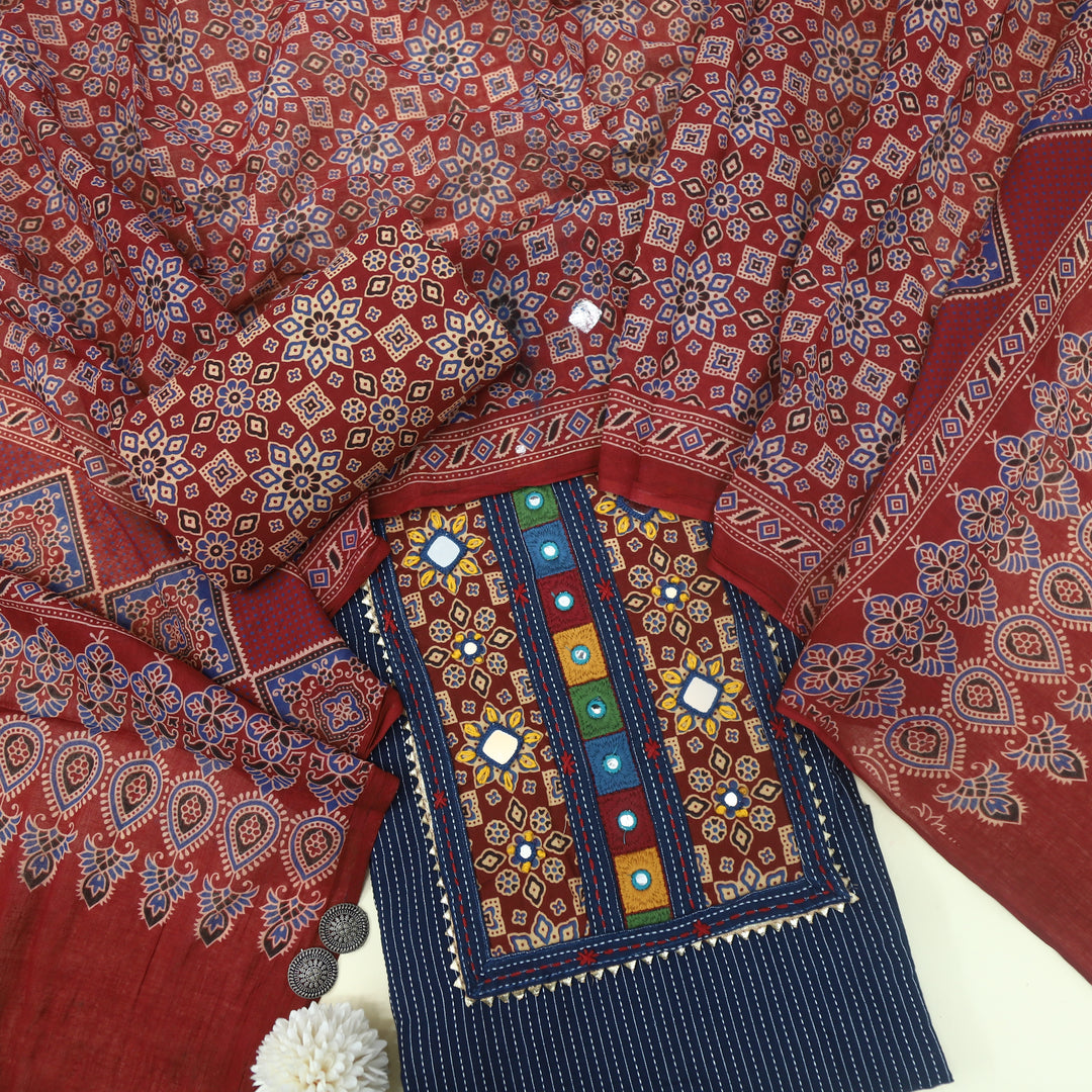 Ruhani Oxford Blue Kantha Work Cotton Top with Printed Dupatta