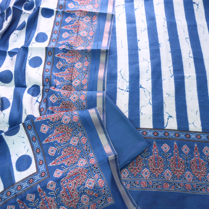 Tarohi Denim Blue Stripe with Printed Hem Maheshwari Chanderi Set