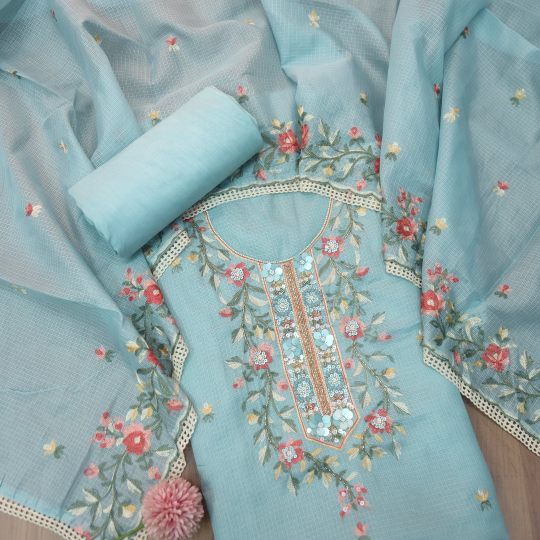 Swamini Powder Blue Aari Thread with Embellish Work Kota Doriya Suit Set