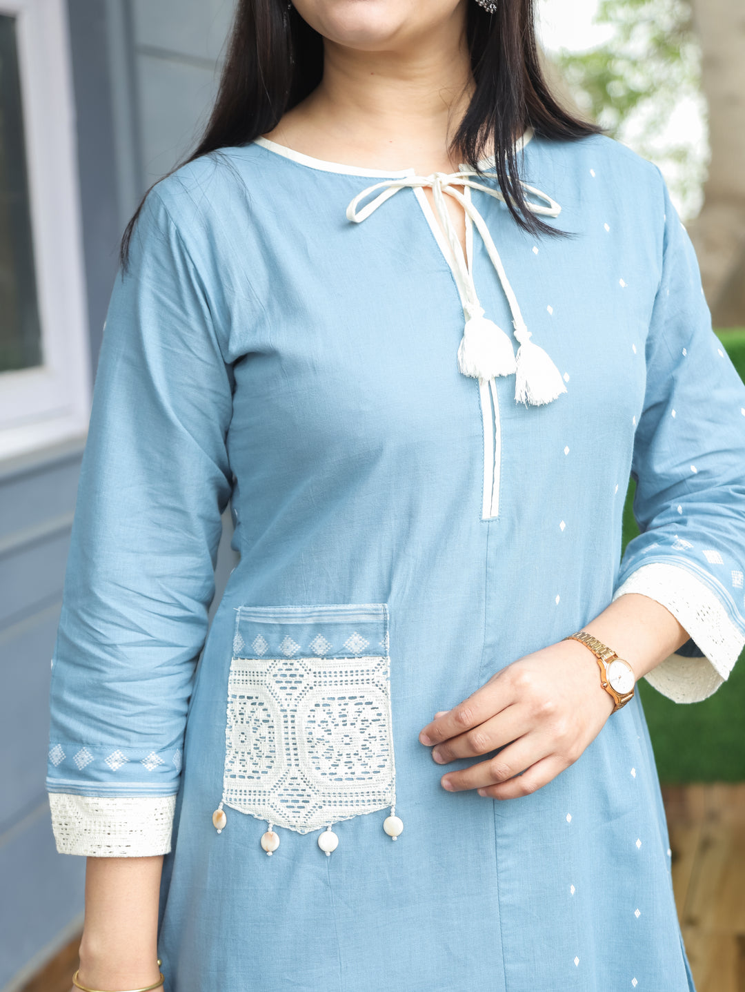 Jhanvi Ice Blue Knot Detailing Neck Thread Weaved in Side Pocket Cotton 2 Piece Set