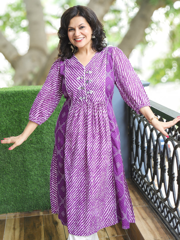 Aarohi Purple Mirror with Leheriya Print Panel Cotton Kurti