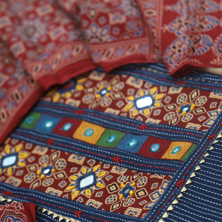 Ruhani Oxford Blue Kantha Work Cotton Top with Printed Dupatta