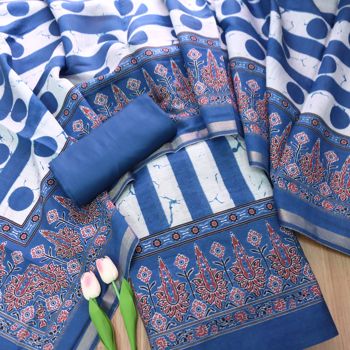Tarohi Denim Blue Stripe with Printed Hem Maheshwari Chanderi Set