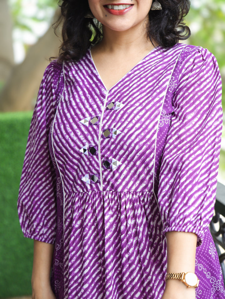 Aarohi Purple Mirror with Leheriya Print Panel Cotton Kurti