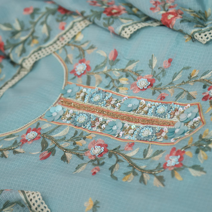 Swamini Powder Blue Aari Thread with Embellish Work Kota Doriya Suit Set
