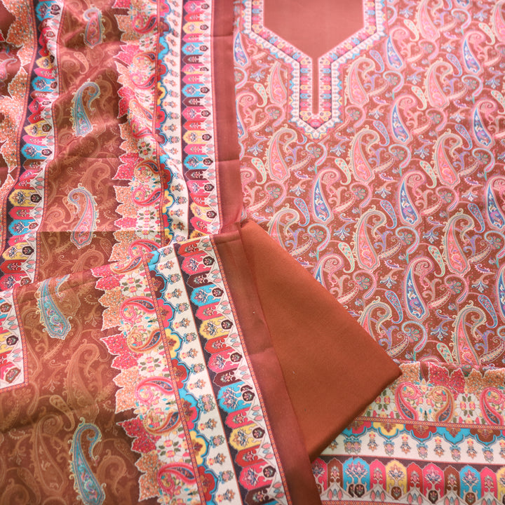 केशवी Burnt Rust All Over Digital Paisely Printed Semi Pashmina Winter Set