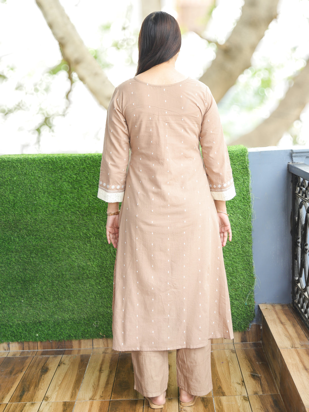 Jhanvi Sand Beige Knot Detailing Neck Thread Weaved in Side Pocket Cotton 2 Piece Set