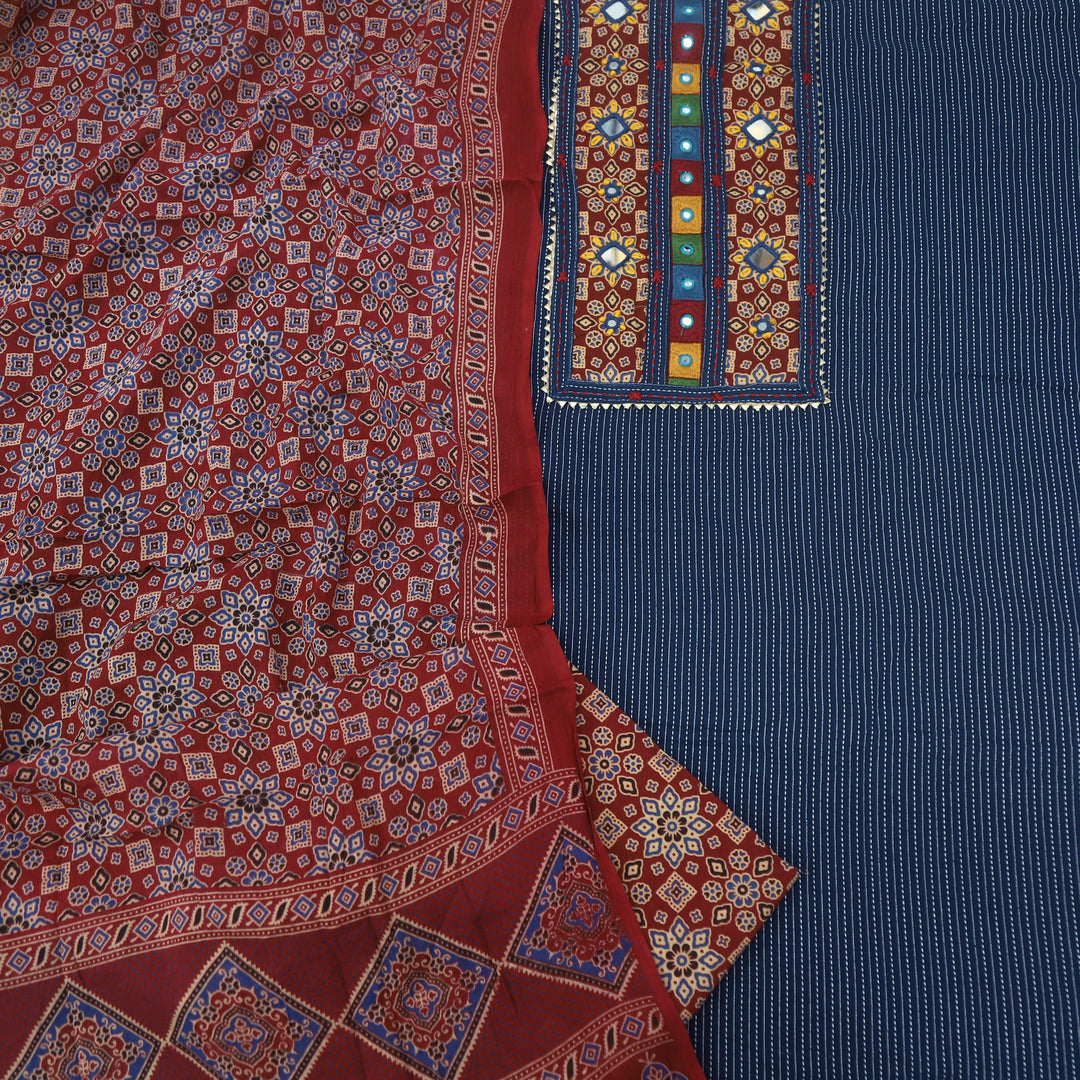 Ruhani Oxford Blue Kantha Work Cotton Top with Printed Dupatta