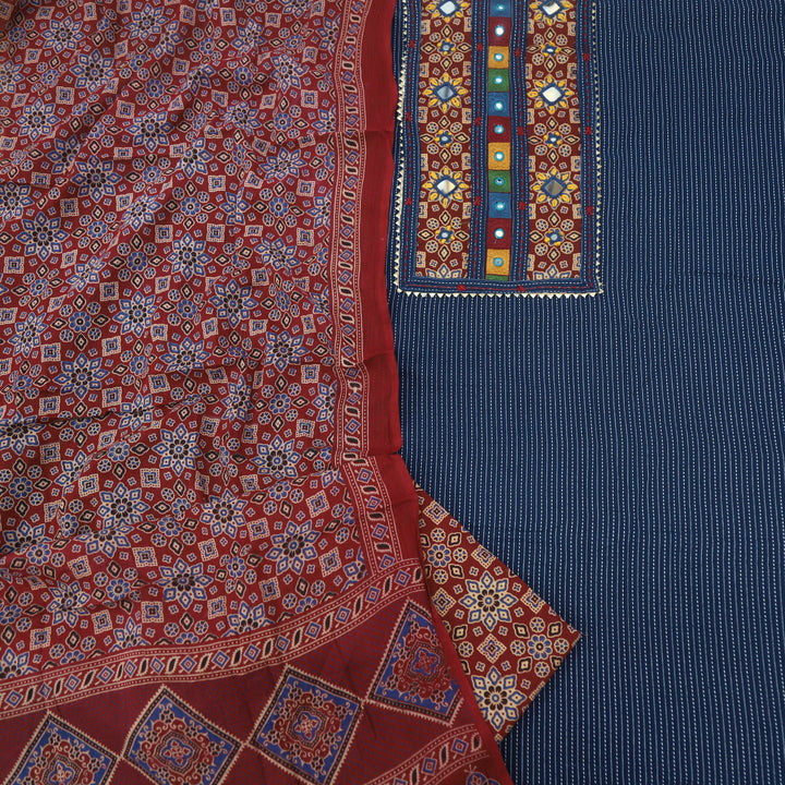 Ruhani Oxford Blue Kantha Work Cotton Top with Printed Dupatta
