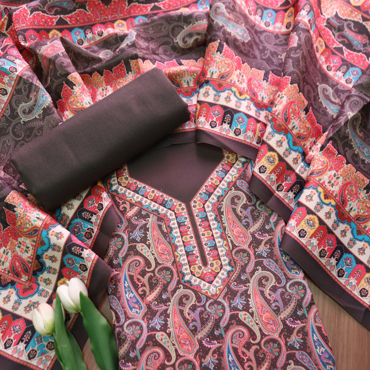 केशवी Shadow Black All Over Digital Paisely Printed Semi Pashmina Winter Set