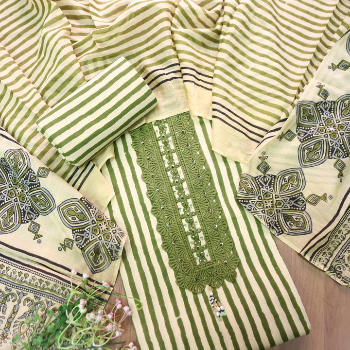 Haseena Green Beige Stripe Print with Lace Work Cotton Set