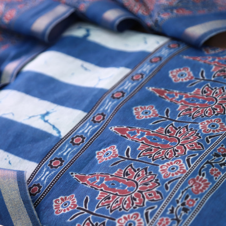 Tarohi Denim Blue Stripe with Printed Hem Maheshwari Chanderi Set