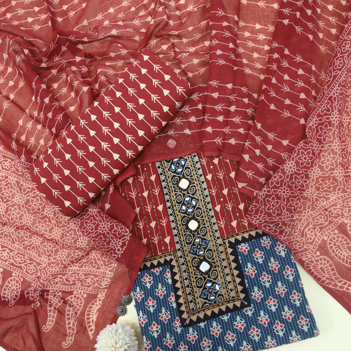 Ruhani Space Blue Ajrak Printed Cotton Top With Cotton Dupatta