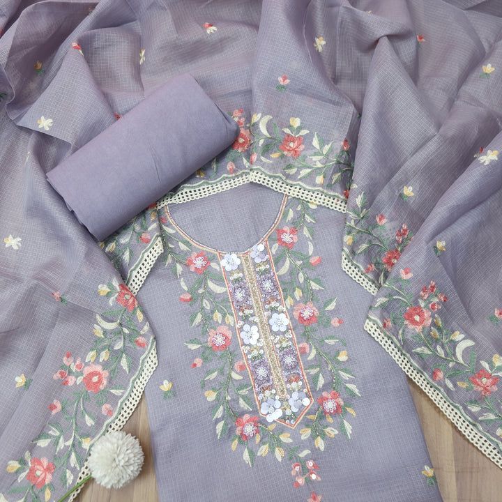 Swamini Slate Grey Aari Thread with Embellish Work Kota Doriya Suit Set