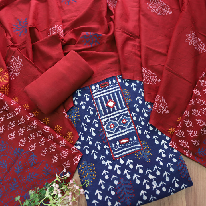 Ishika Denim Blue Kutch Mirror Dabu Printed Cotton Set