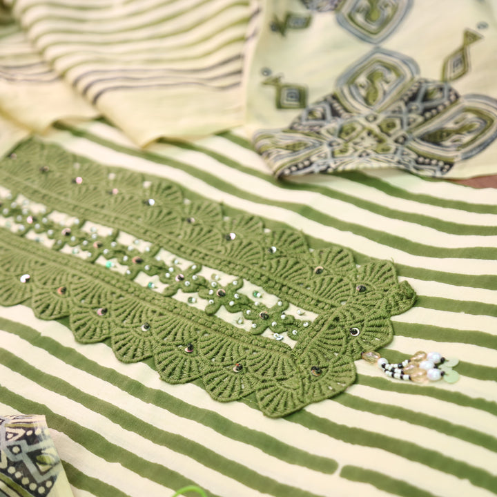 Haseena Green Beige Stripe Print with Lace Work Cotton Set