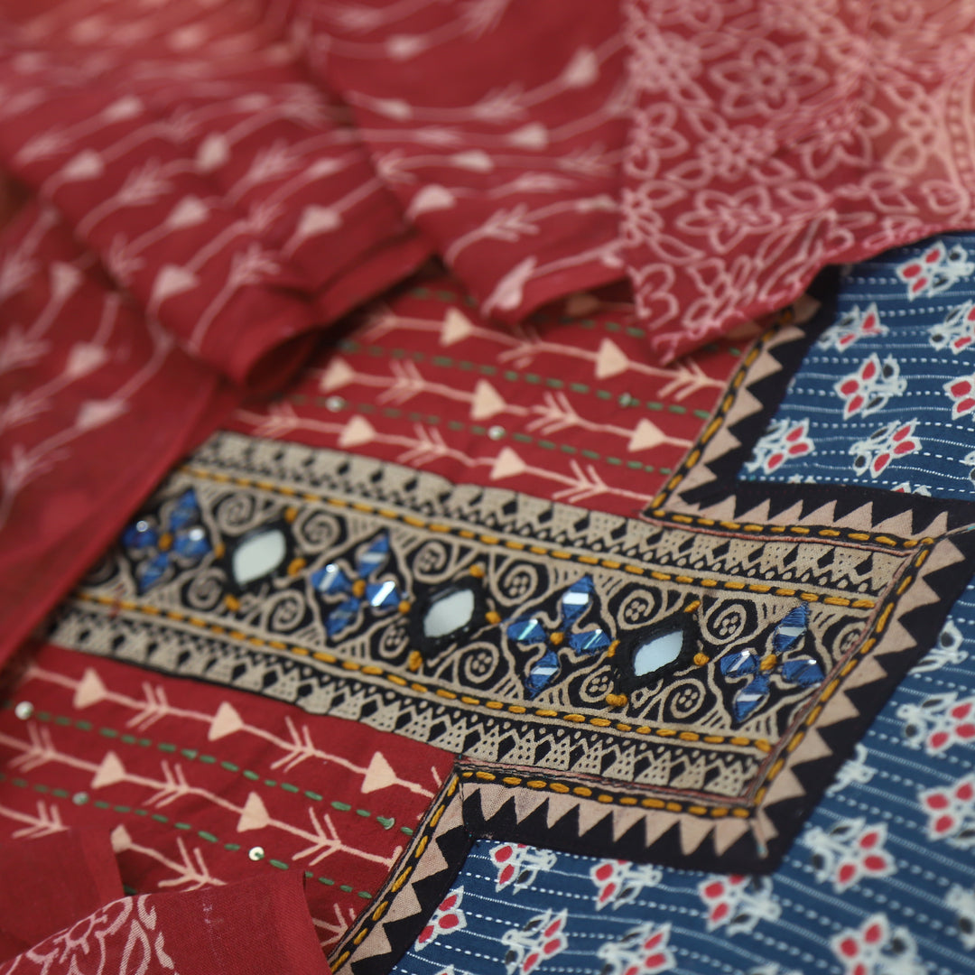 Ruhani Space Blue Ajrak Printed Cotton Top With Cotton Dupatta