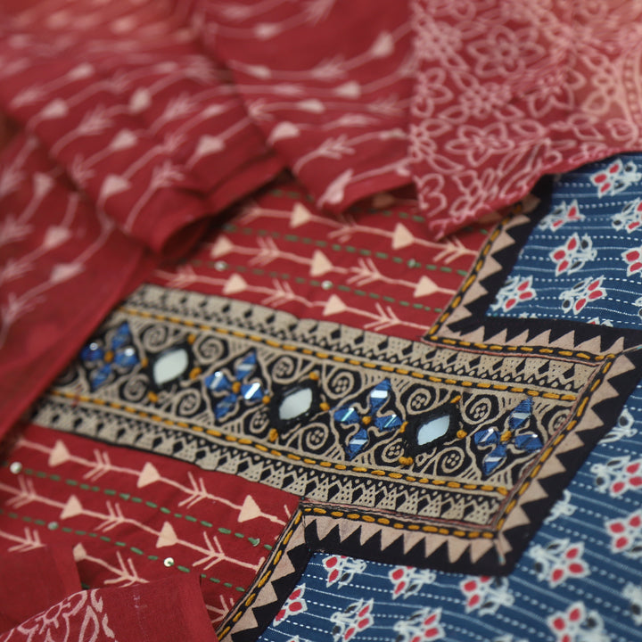 Ruhani Space Blue Ajrak Printed Cotton Top With Cotton Dupatta
