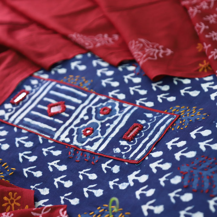 Ishika Denim Blue Kutch Mirror Dabu Printed Cotton Set