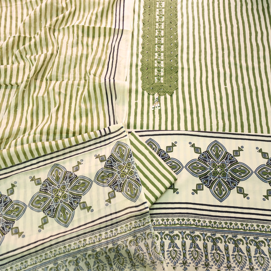 Haseena Green Beige Stripe Print with Lace Work Cotton Set