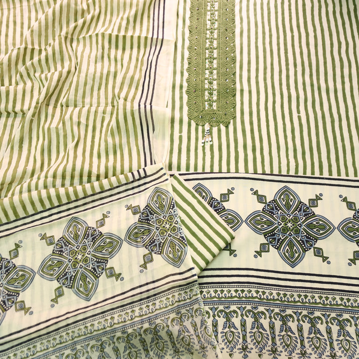 Haseena Green Beige Stripe Print with Lace Work Cotton Set