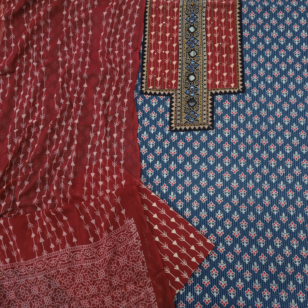 Ruhani Space Blue Ajrak Printed Cotton Top With Cotton Dupatta