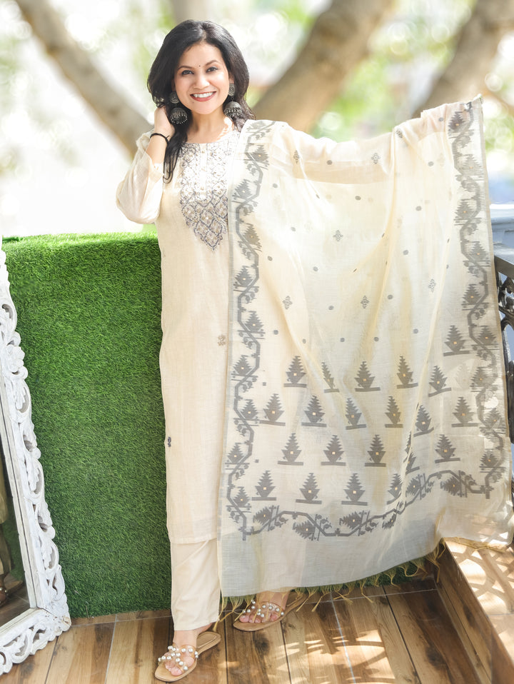 Bhanu Hazel Hand Embroidery Mul Chanderi 3 Piece Set