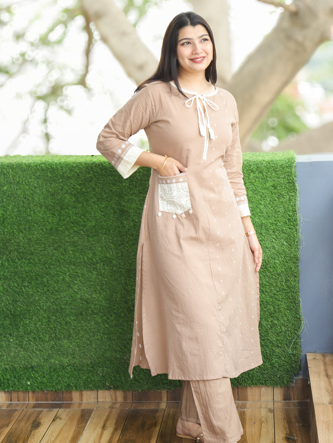 Jhanvi Sand Beige Knot Detailing Neck Thread Weaved in Side Pocket Cotton 2 Piece Set