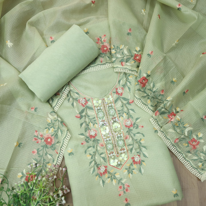 Swamini Fern Green Aari Thread with Embellish Work Kota Doriya Suit Set