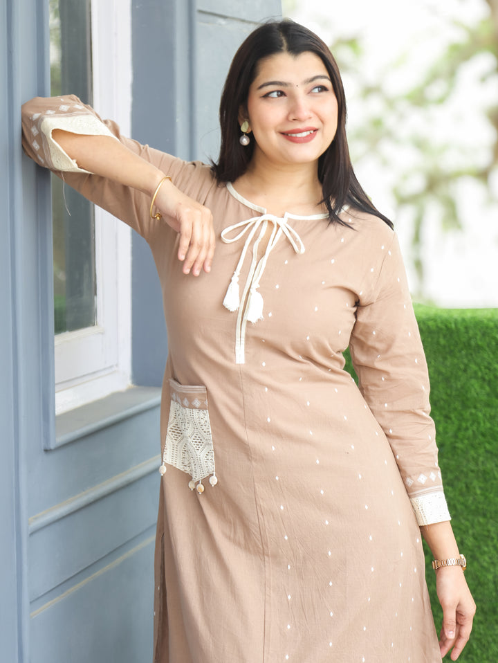 Jhanvi Sand Beige Knot Detailing Neck Thread Weaved in Side Pocket Cotton 2 Piece Set