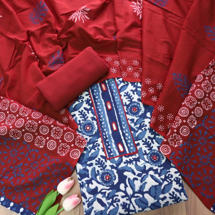 Ishika Iced Blue Kutch Mirror Dabu Printed Cotton Set