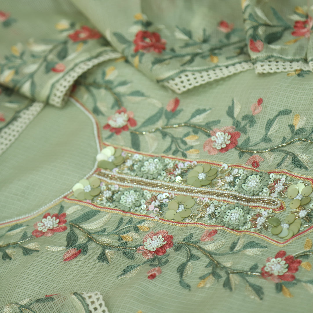 Swamini Fern Green Aari Thread with Embellish Work Kota Doriya Suit Set