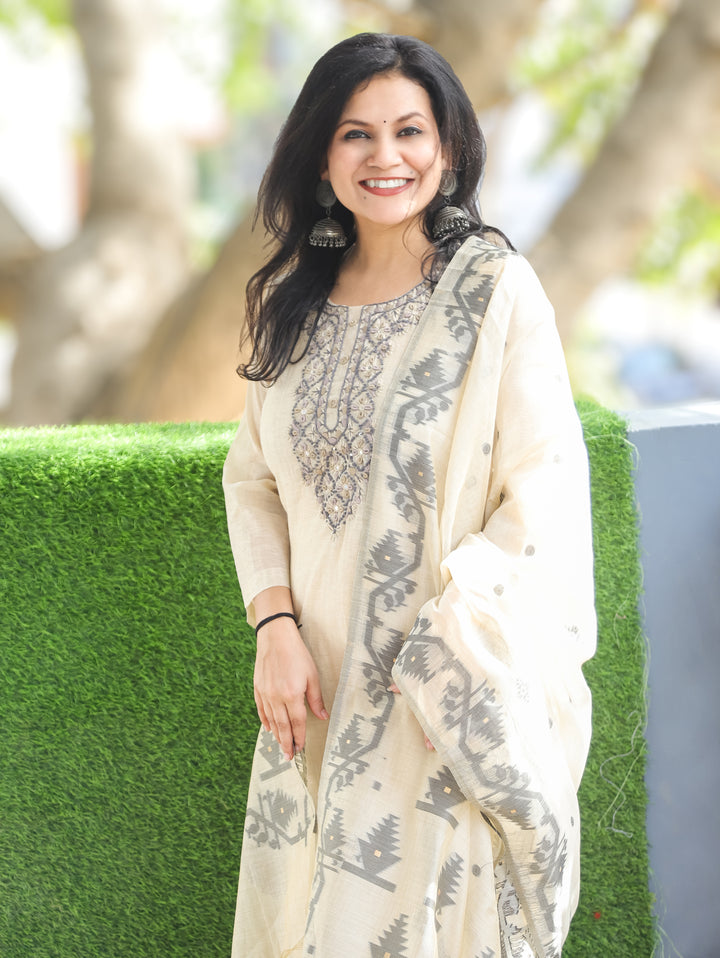 Bhanu Hazel Hand Embroidery Mul Chanderi 3 Piece Set