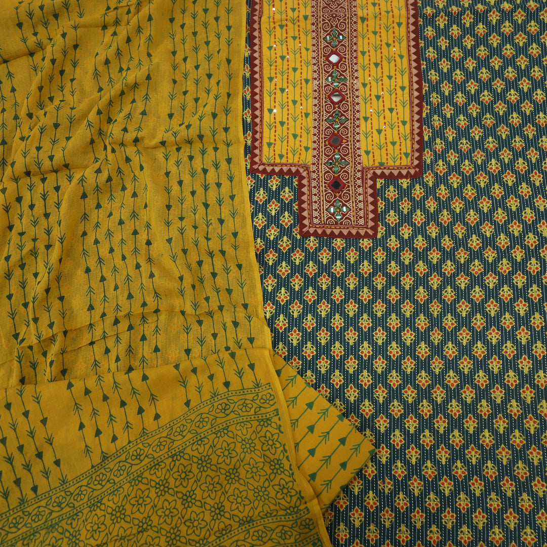 Ruhani Pine Green Ajrak Printed Cotton Top With Cotton Dupatta