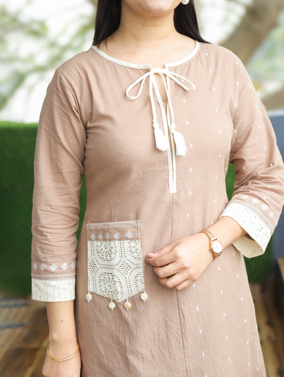 Jhanvi Sand Beige Knot Detailing Neck Thread Weaved in Side Pocket Cotton 2 Piece Set