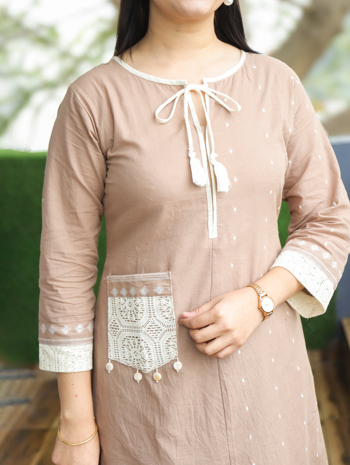 Jhanvi Sand Beige Knot Detailing Neck Thread Weaved in Side Pocket Cotton 2 Piece Set