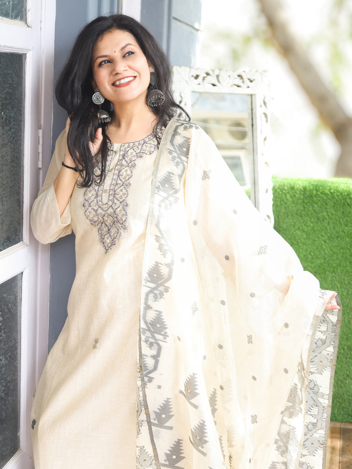Bhanu Hazel Hand Embroidery Mul Chanderi 3 Piece Set