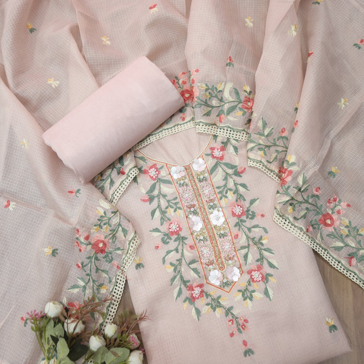 Swamini Light Mauve Pink Aari Thread with Embellish Work Kota Doriya Suit Set