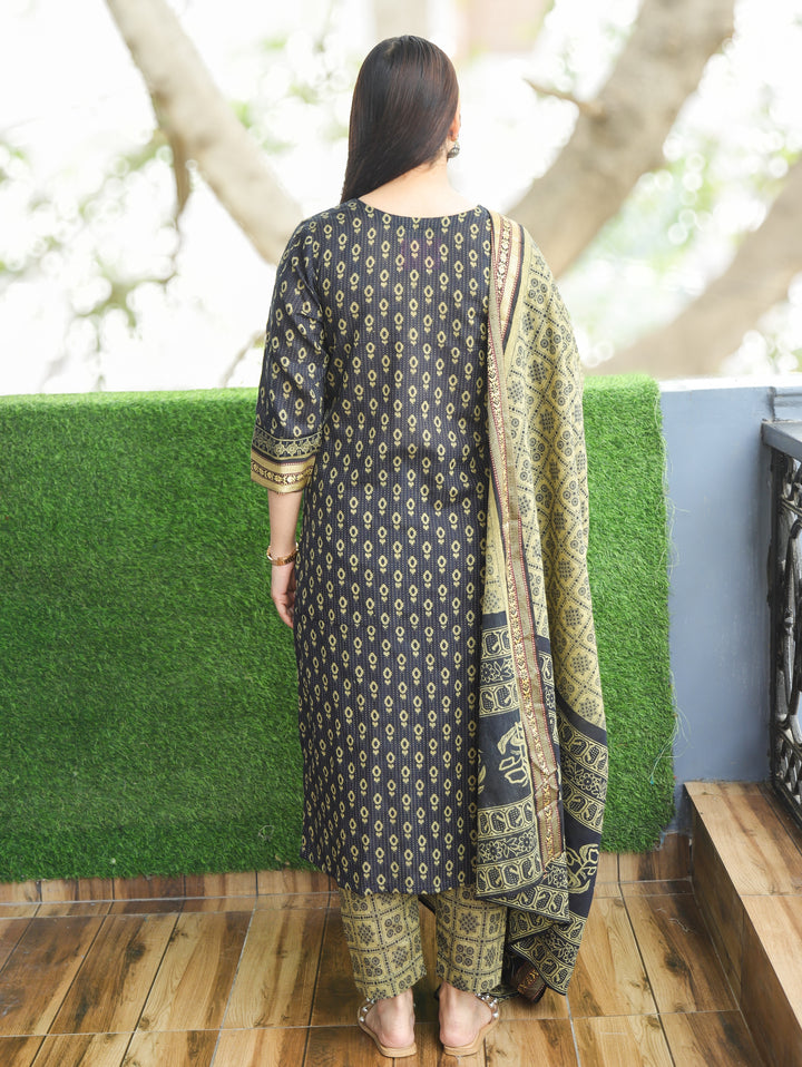 Laadli Black Neck Potli Button Mangalgiri Patch Kantha Printed South Cotton 3 Piece Set