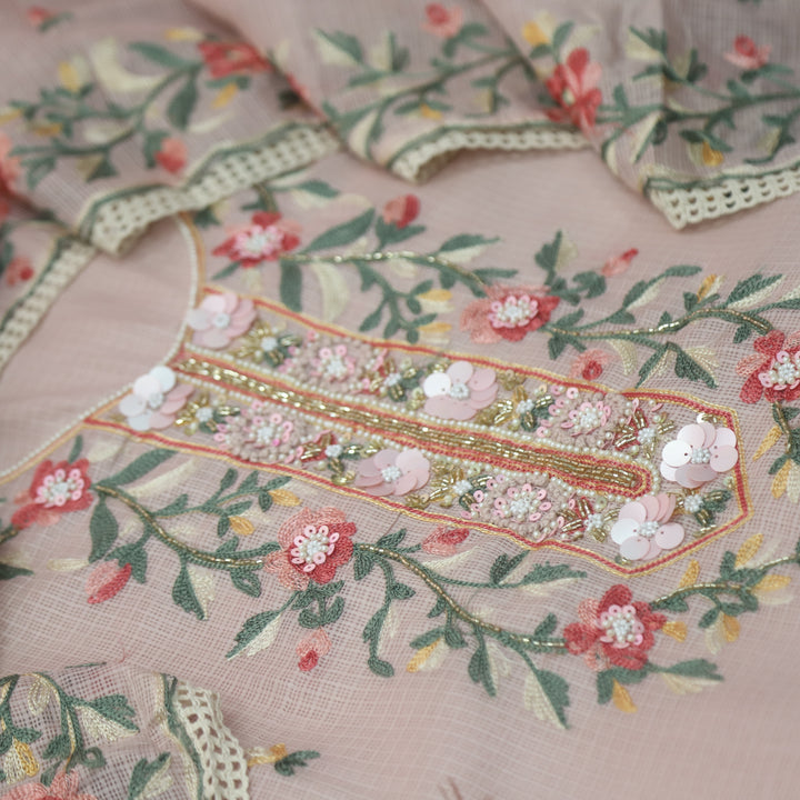 Swamini Light Mauve Pink Aari Thread with Embellish Work Kota Doriya Suit Set