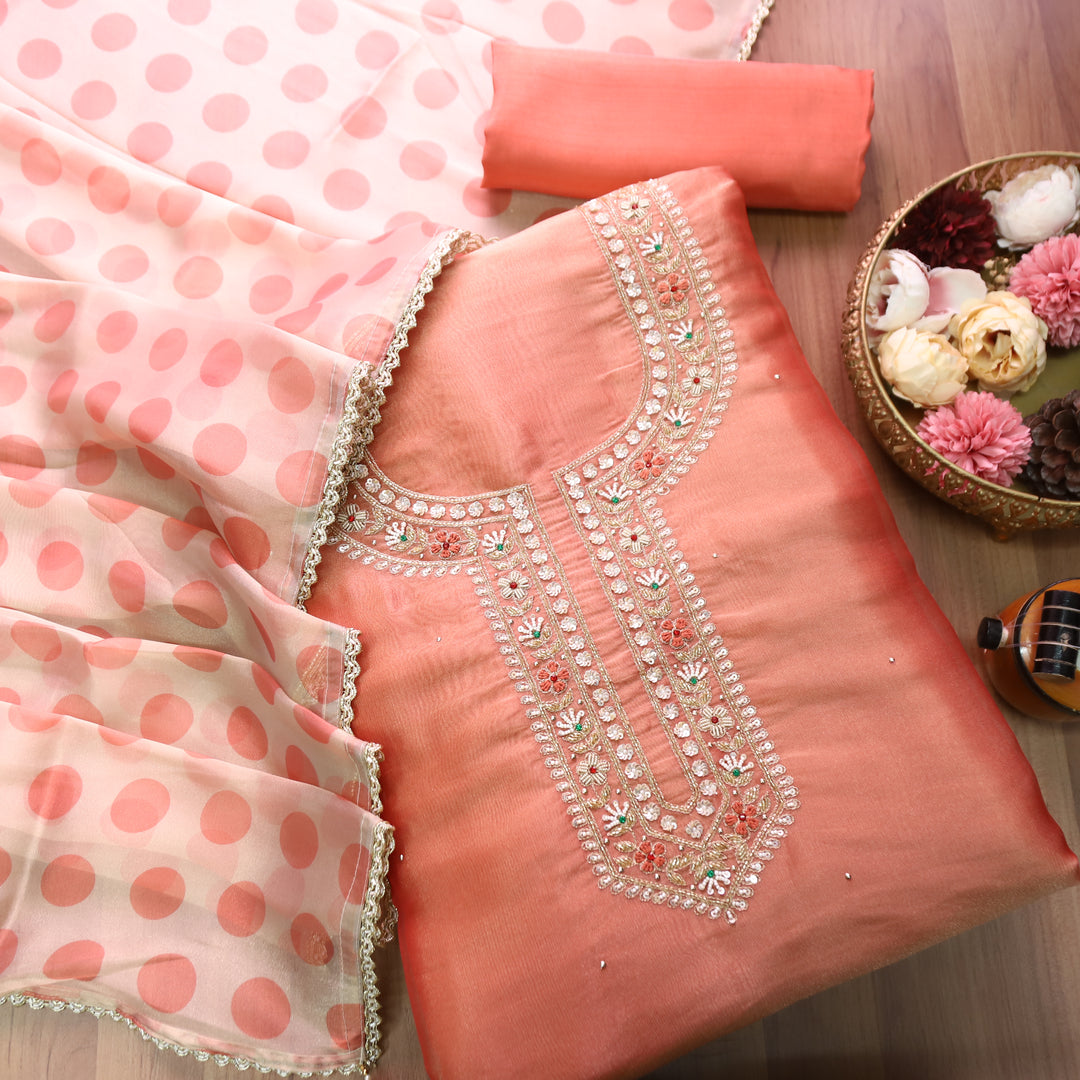 Avinya Chrome Orange Embellished Shimmer Tissue Organza Set