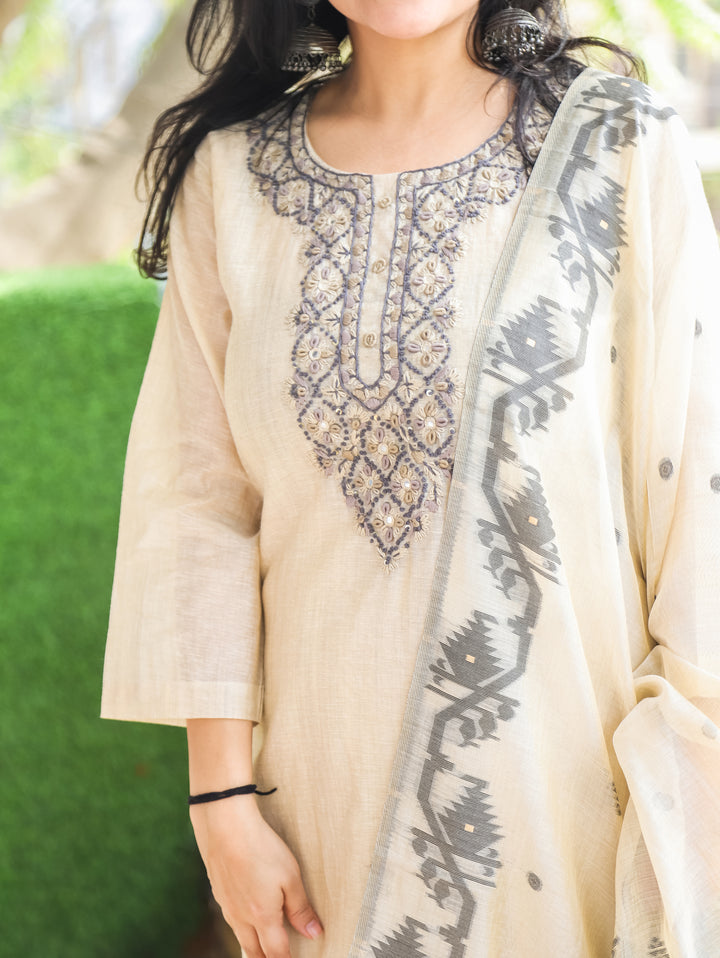 Bhanu Hazel Hand Embroidery Mul Chanderi 3 Piece Set